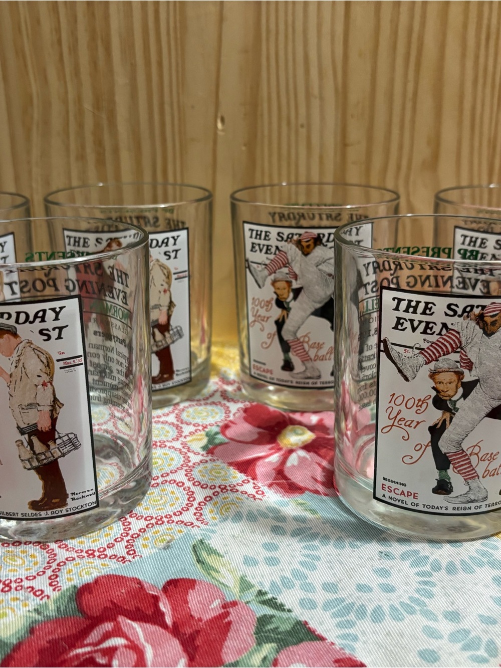 Vintage Baseball Saturday Evening Post Tumblers - Clear with Multicolor Print